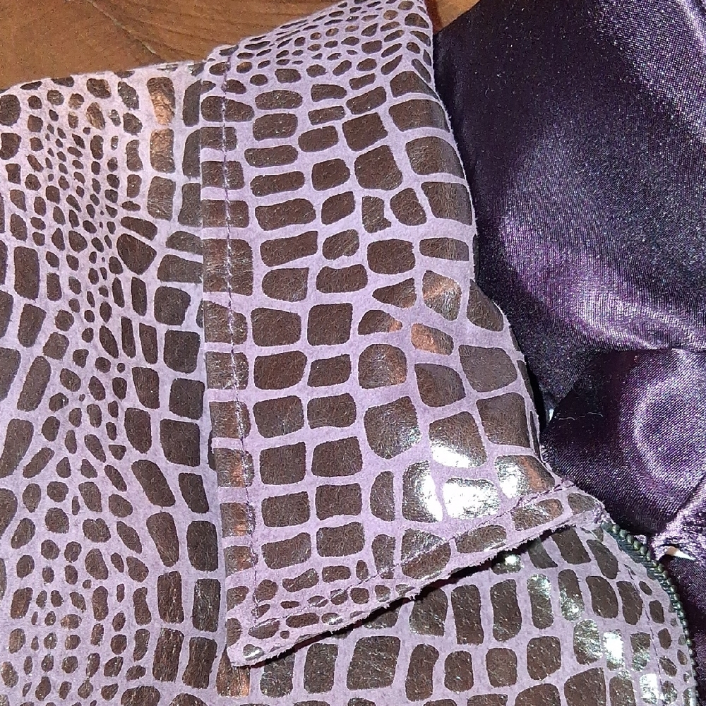 Leather Croc-Embossed Jacket with Fur Collar - Purple - Picture 5 of 9